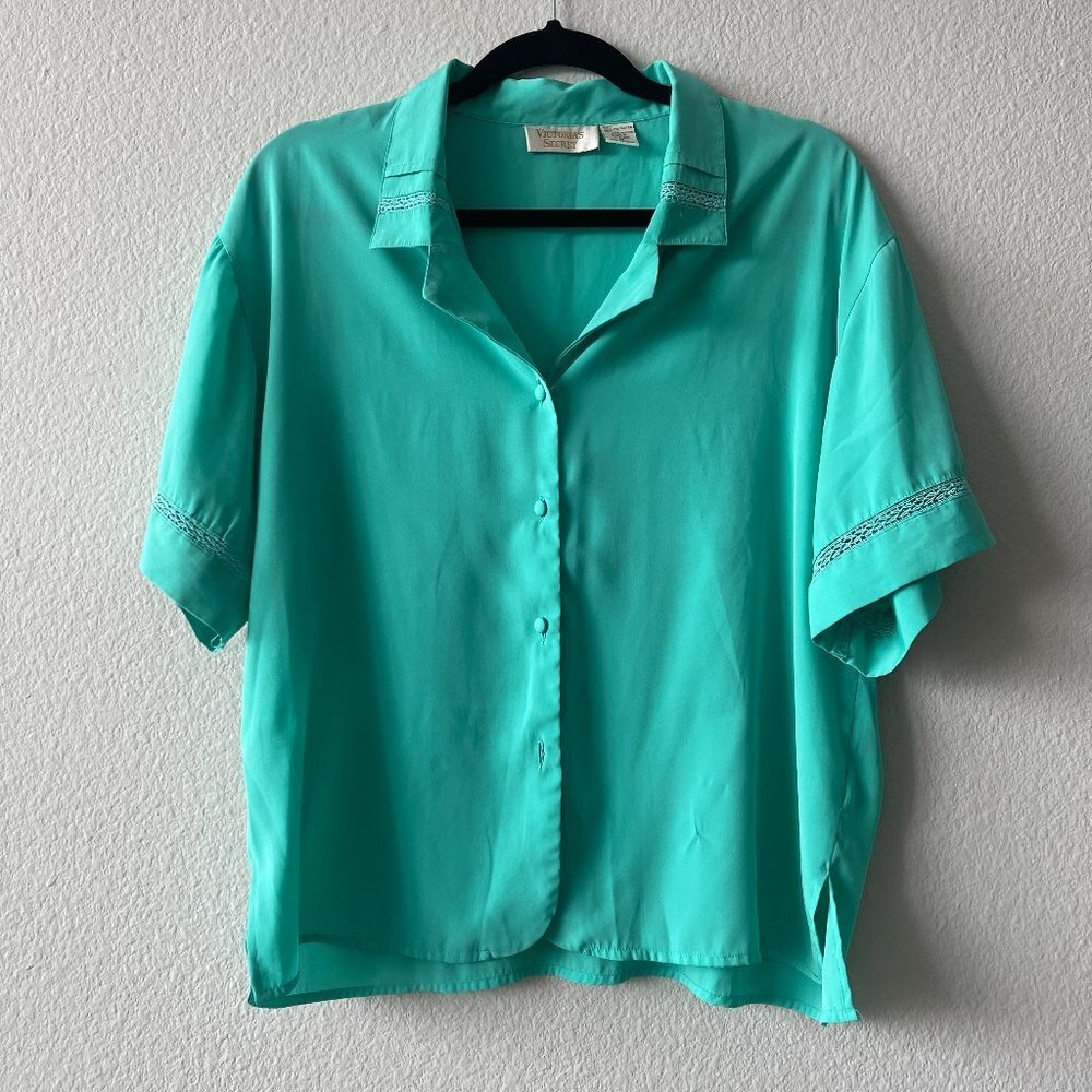 Victoria's Secret Green Gold Label Lace Collared Button Up Night Shirt Size M